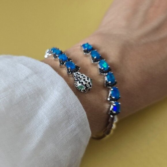 Natural Blue Opal, Emerald & Spinel 925 Sterling Silver Snake Bangle Bracelet - Picture 5 of 7